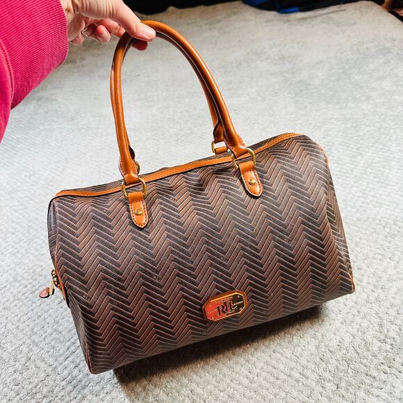 Vintage RALPH LAUREN Boswell Brown Striped Monogram Speedy Duffle Bag Barrell - Picture 1 of 12